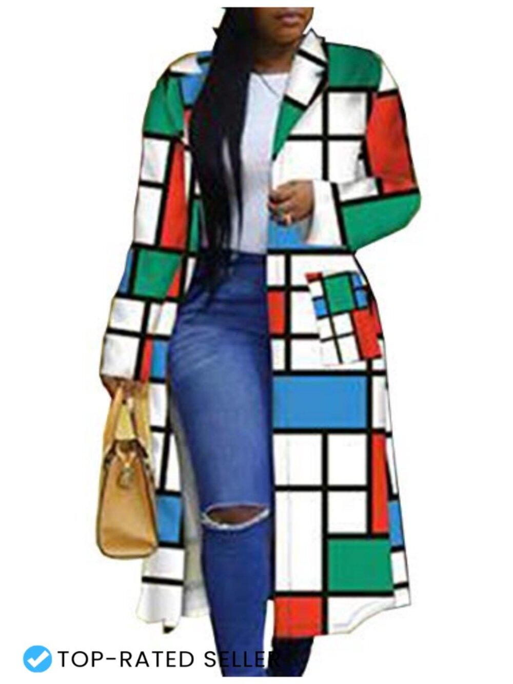 Women's Geometric Trench Coat Double Breasted Long Sleeve Blazer Jacket